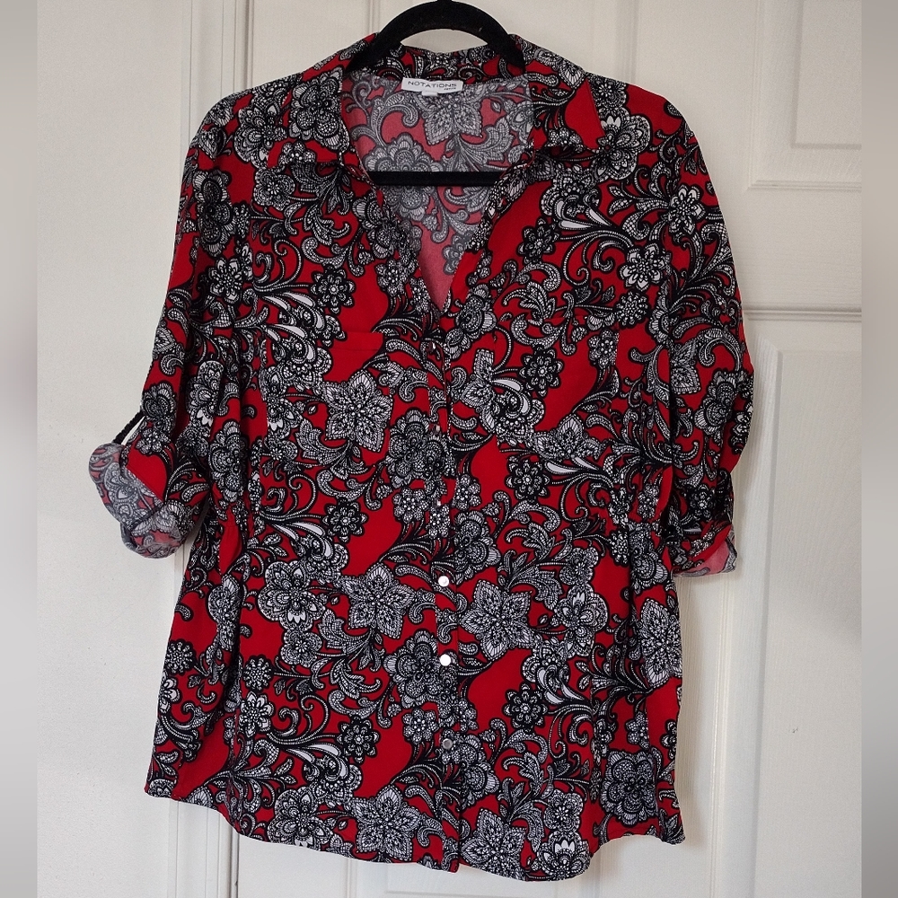 Notations red button-down sleeve blouses sz pxl